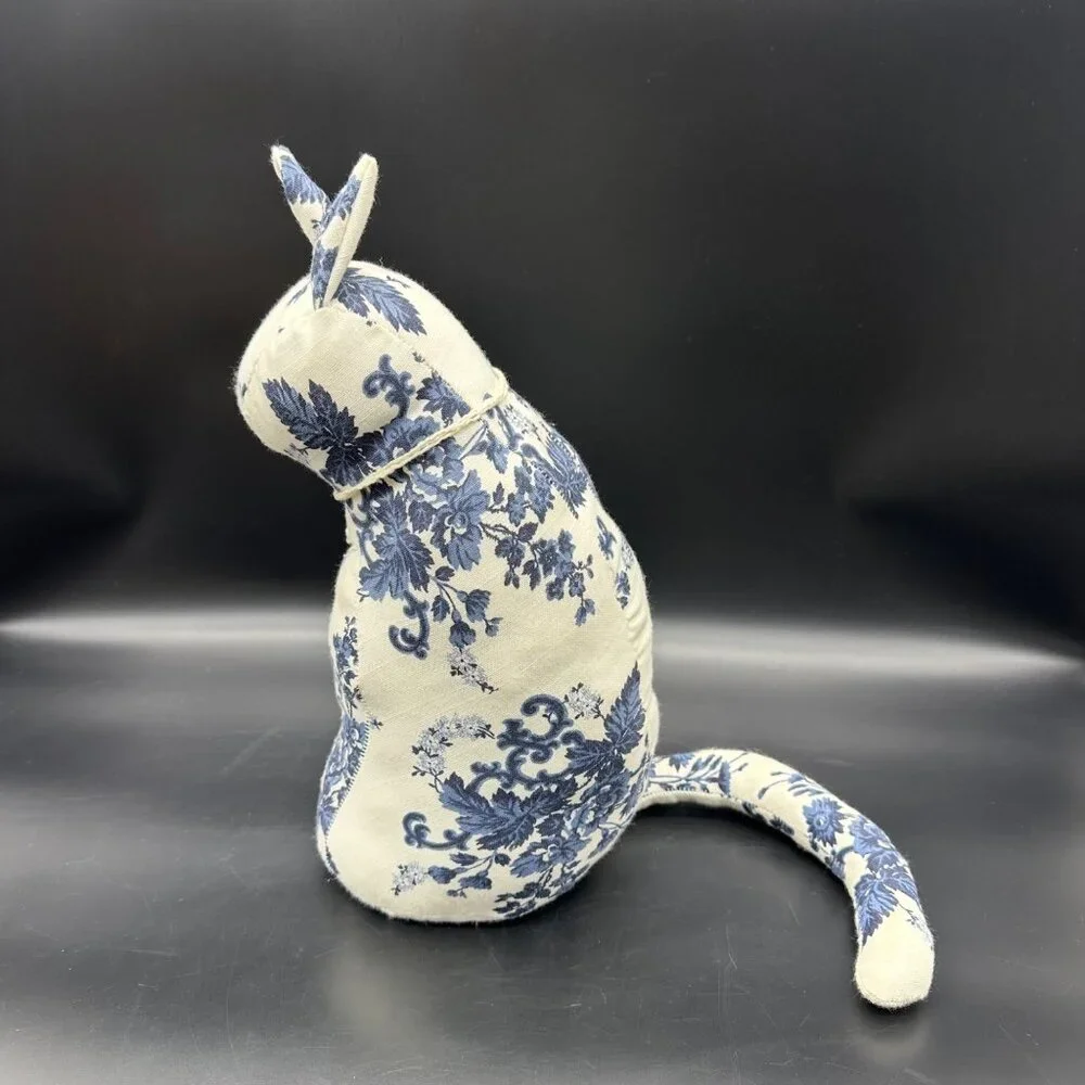 Handmade Stuffed Cat Blue White Floral Fabric Kitty Decorative Retro Flowers - Picture 3 of 8